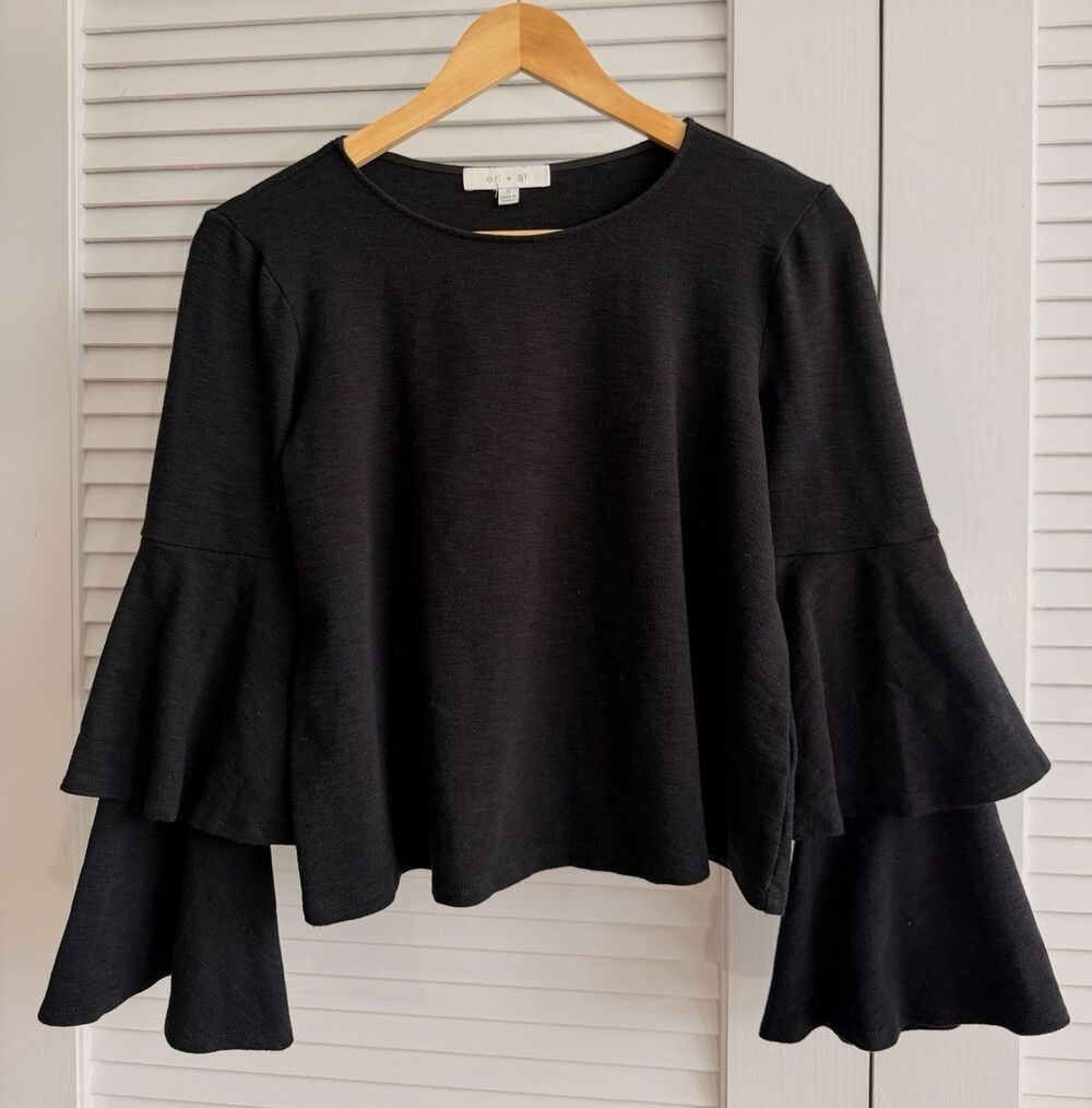 Eri + Ali Black Double Bell Sleeve Knit Top Womens Small Modal Blend Boho
